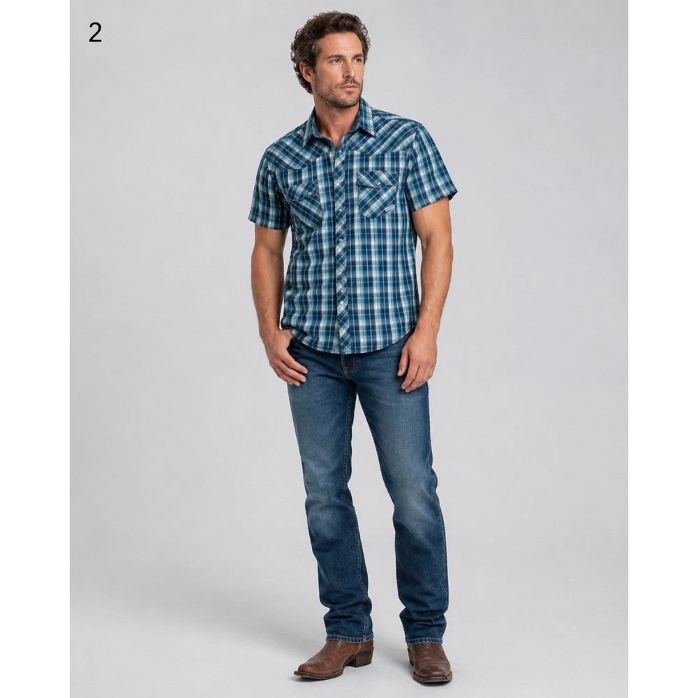 Wrangler Wrancher Pearl Snap Western Shirt Mens Large Blue Plaid‎ Cotton Blend